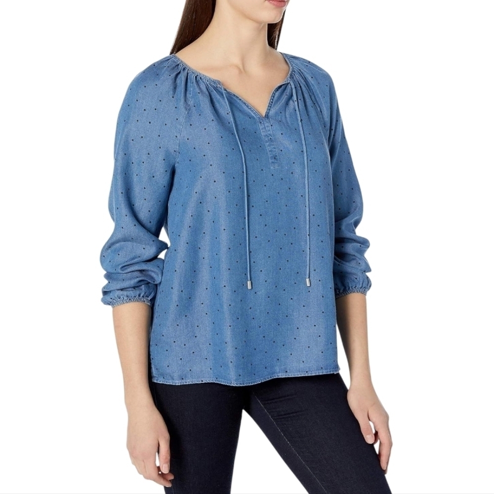 NJDJ Blue Polka Dot Peasant Blouse Long Sleeve Tie Neck Lightweight Top Size S